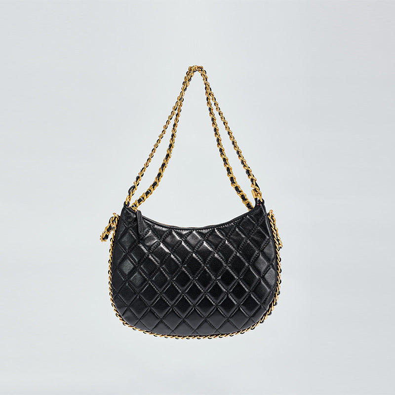 Women’s Black Quilted Genuine Leather Minimalist Crossbody Shoulder Chain Hobo Bag image