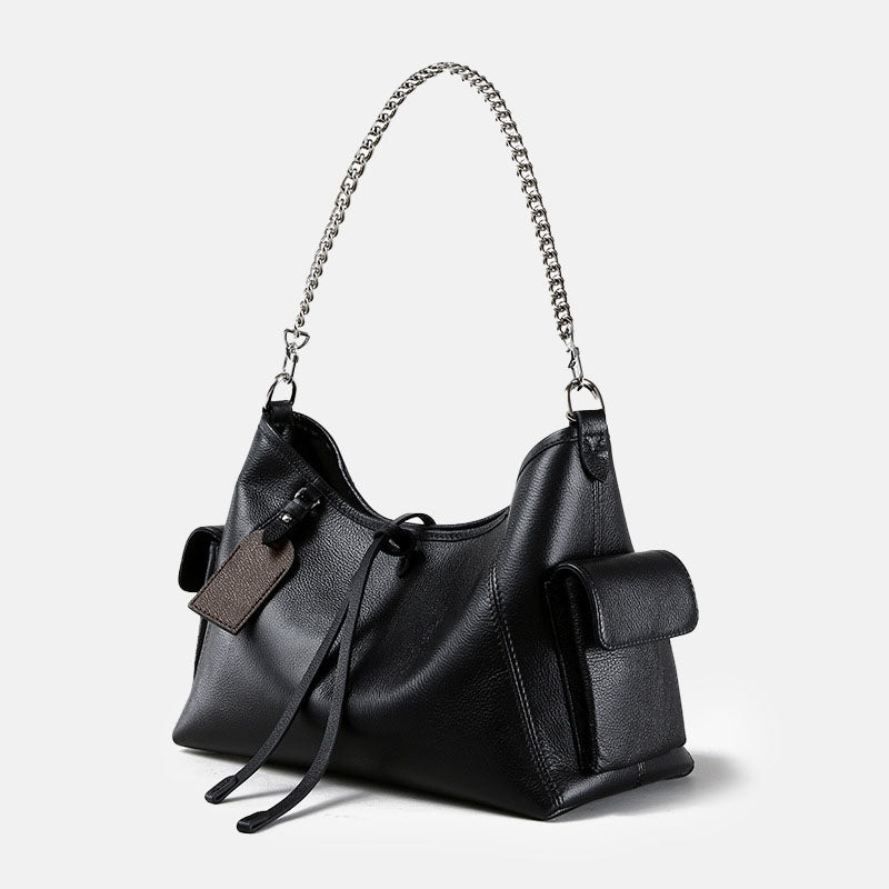 Women’s Black Vintage Genuine Leather Chain Shoulder Crossbody Tote Bag image