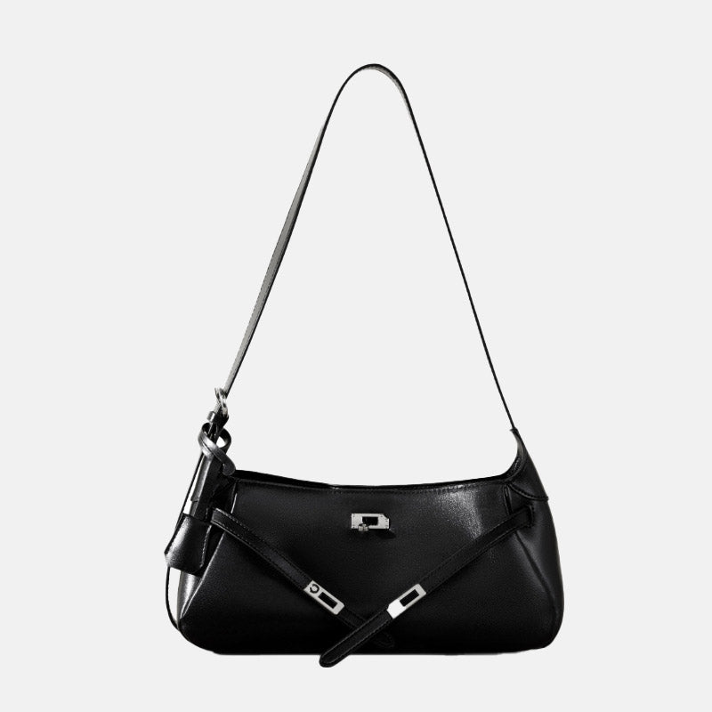 Women’s Black Waxed Genuine Leather Crossbody Baguette Bag image
