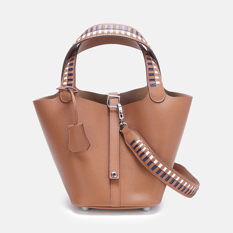 Women’s Genuine Leather Palm-Textured Contrast Handle Bucket Bag image