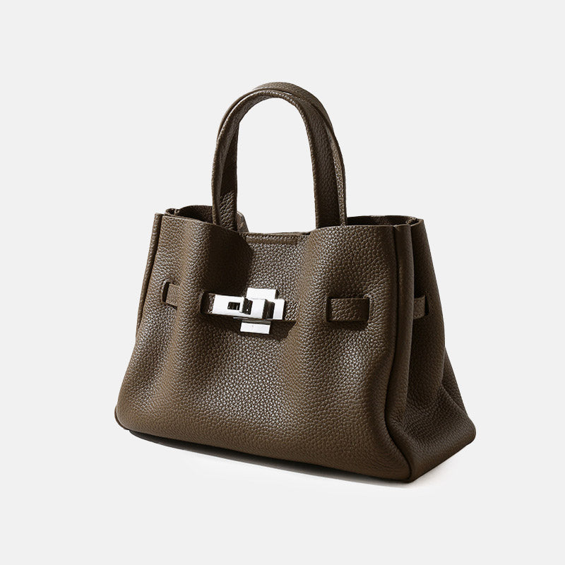 Women’s Minimalist Genuine Leather Lock-Clasp Tote Bag In Elephant Grey image