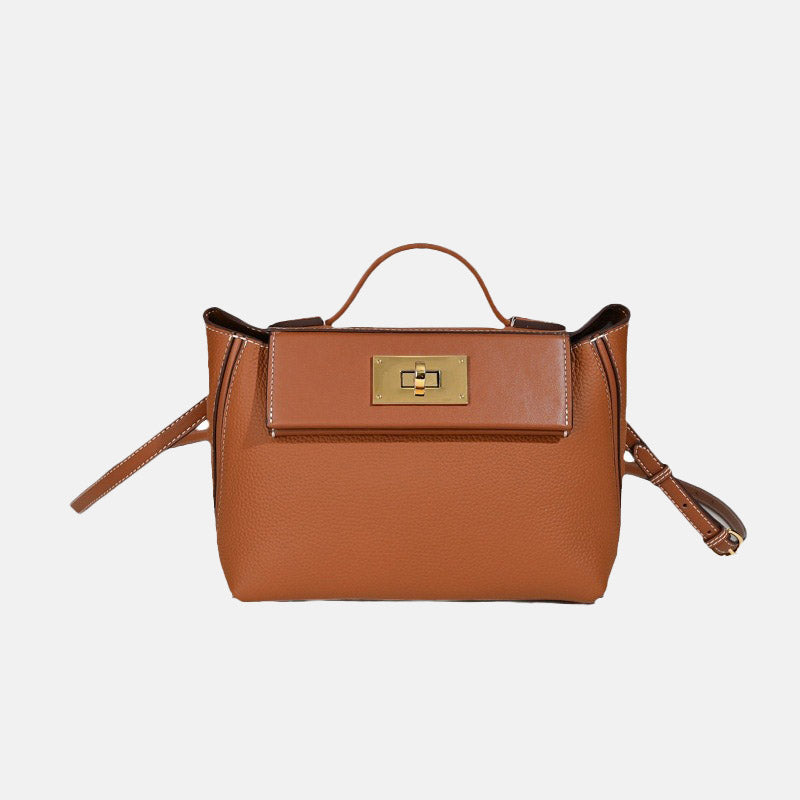 Women’s Minimalist Leather Lock Closure Dumpling-Shaped Top Handle Bag image