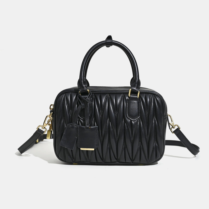 Women’s Minimalist Pleated Genuine Leather Boston Handbag image