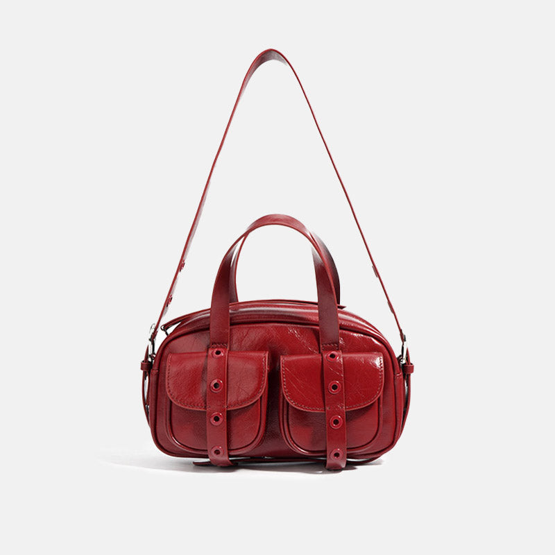Women’s Red Vintage Genuine Leather Zippered Crossbody Handbag image