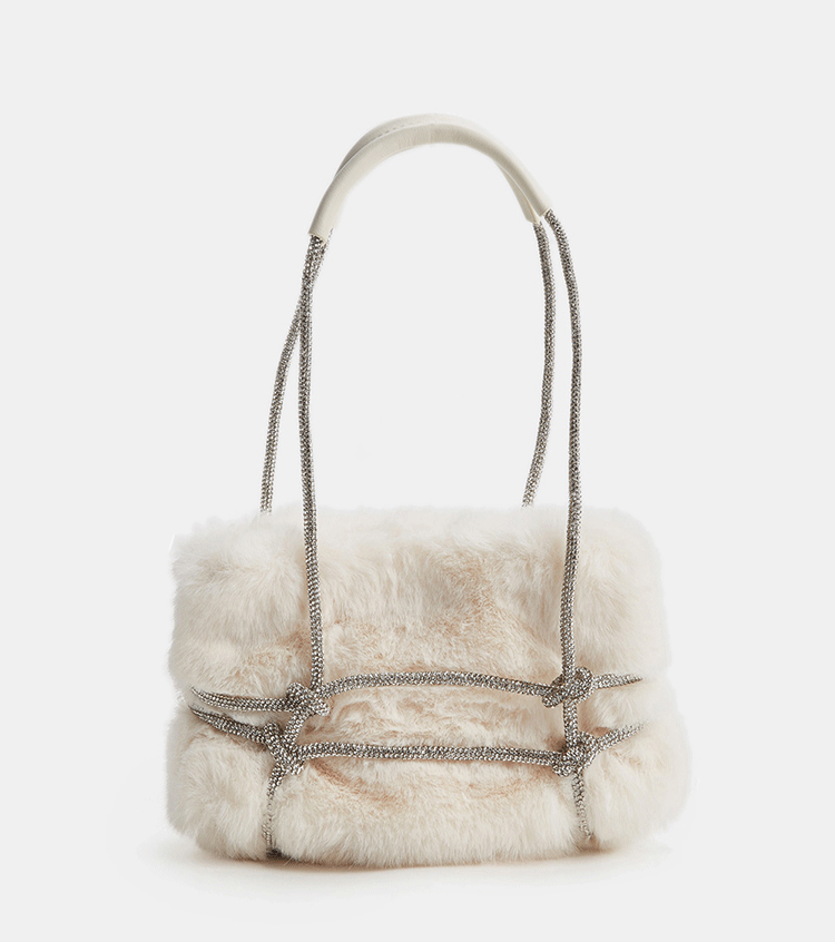 Women’s Fuzzy Rhinestone Strap Tie Up Handbags image 5