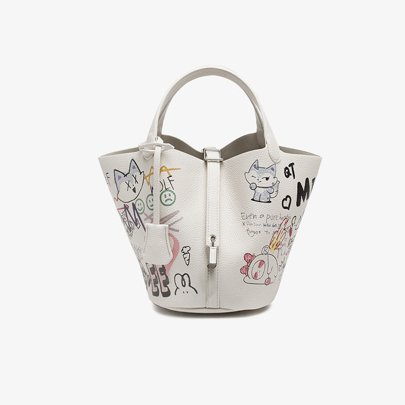 Women’s White Graffiti Print Small Tote Bags with Pouch image