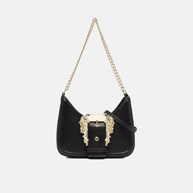 Women’s Black Genuine Leather Large Buckle Chains Baguette Bags image