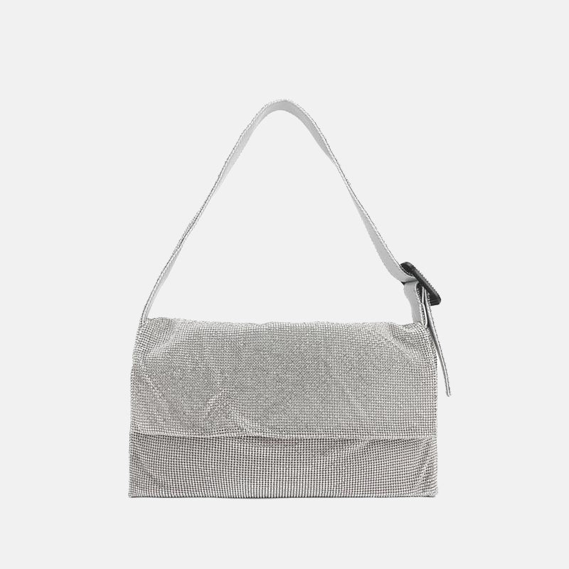 Women’s Silver All Over Rhinestones Flap Evening Baguette Bags in Genuine Leather image