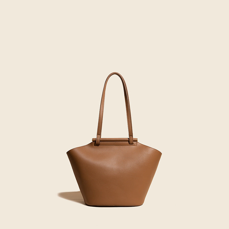 Women’s Minimalist Genuine Leather Bucket Tote Bags with Interior Pouch image