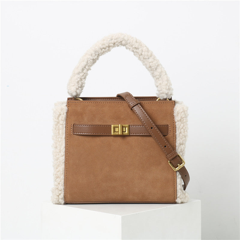 Women’s Fur Trim Suede Leather Top Handle Purse in Brown image 2