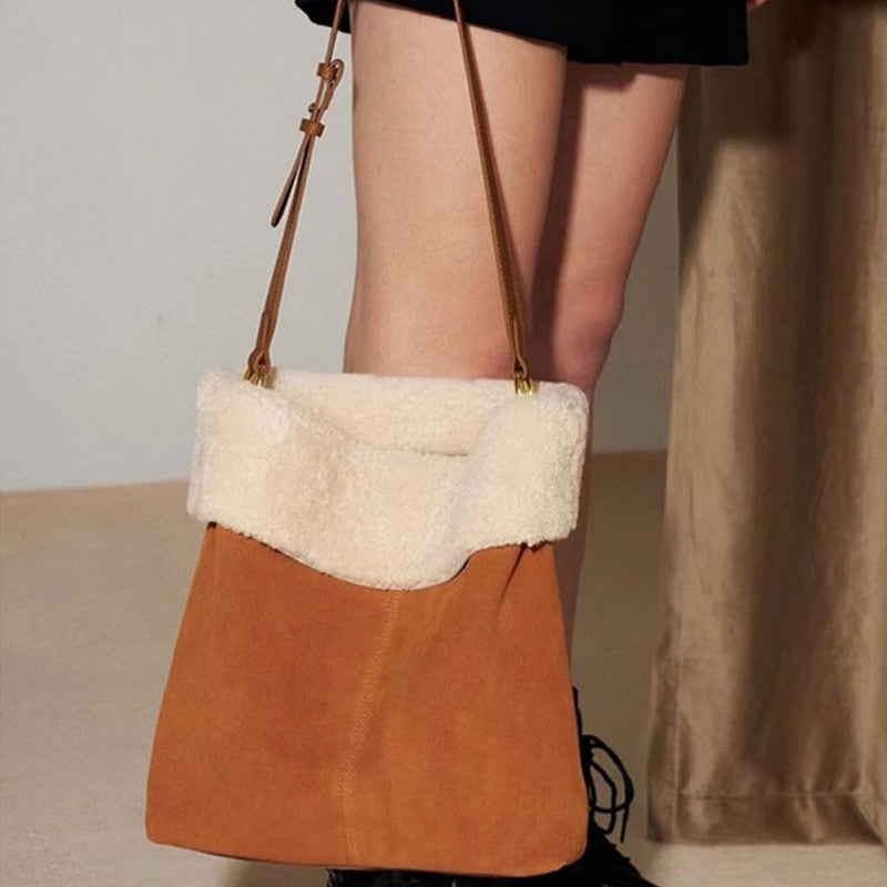 Women’s Shearling Soft Shoulder Tote Bags in Genuine Suede Leather image 2