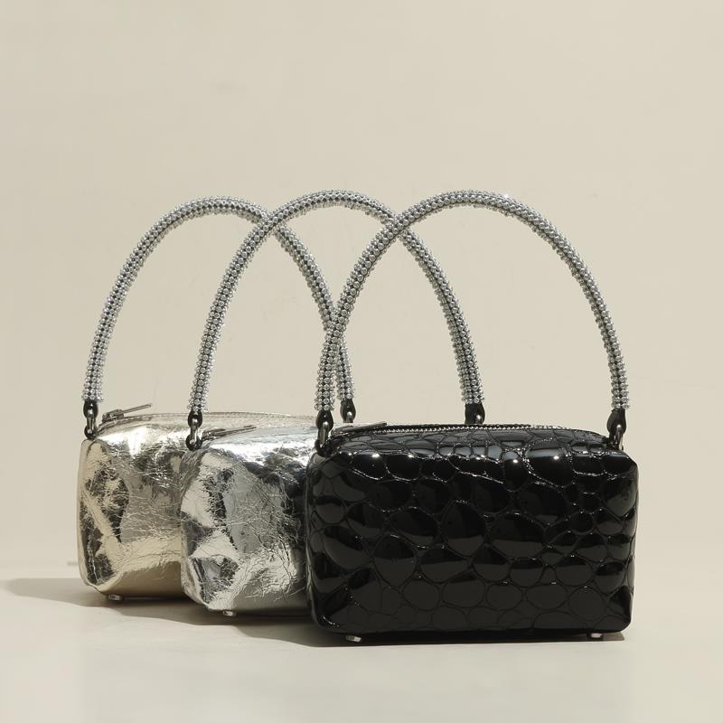Women’s Stone Grain Rhinestone Handle Clutch Bags in Genuine Leather image 5