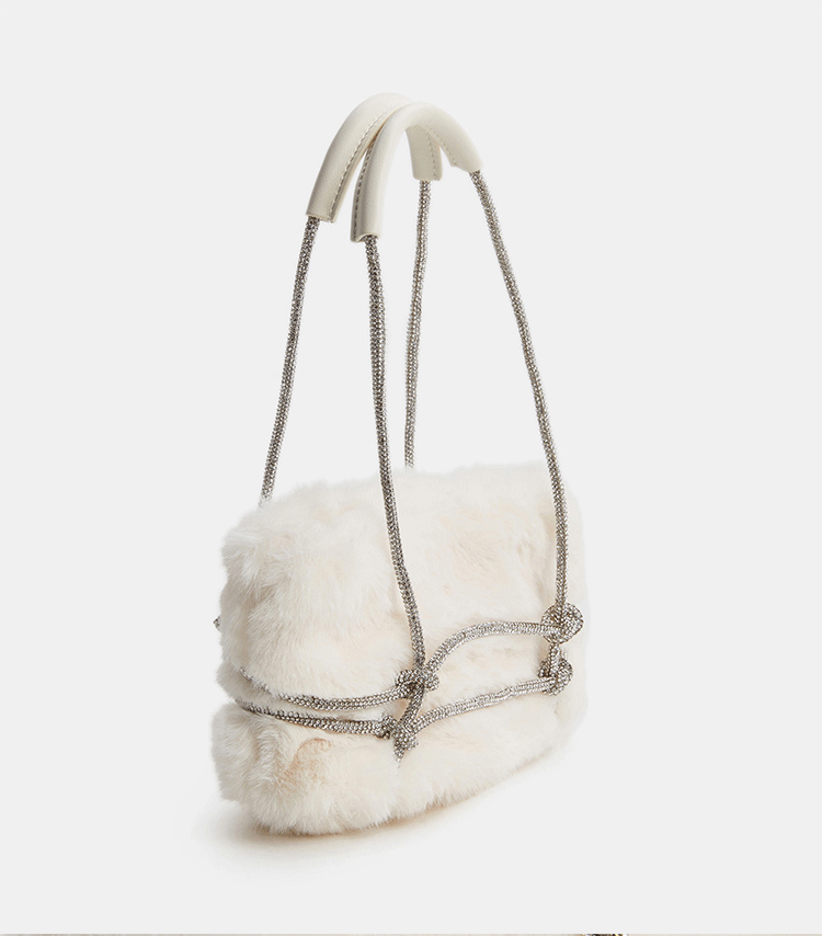 Women’s Fuzzy Rhinestone Strap Tie Up Handbags image 6