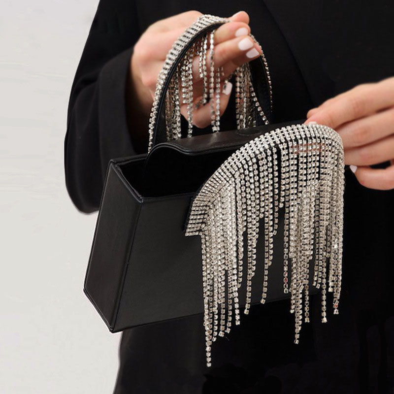 Women’s Rhinestones Fringe Top Handle Purse Black image 2