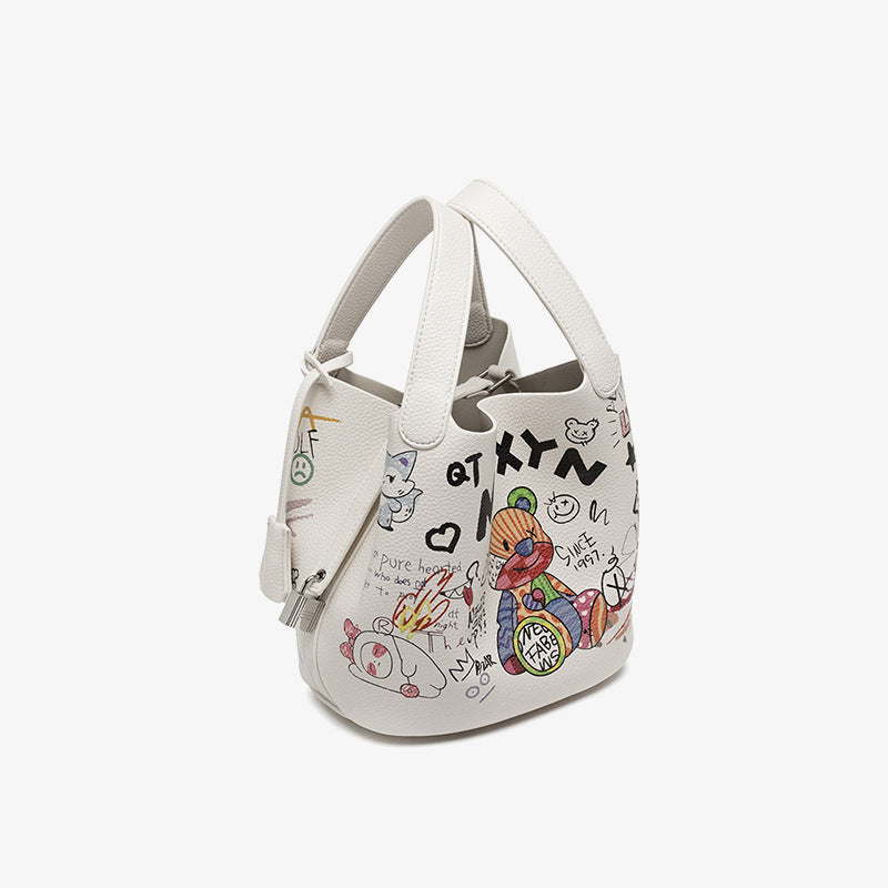 Women’s White Graffiti Print Small Tote Bags with Pouch image 2