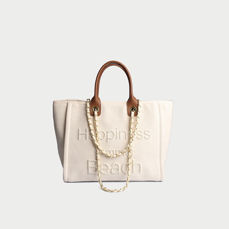 Women’s Beige Canvas Pearls Large Beach Tote image