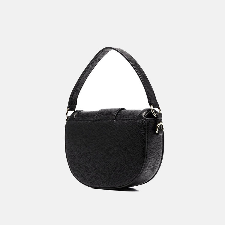 Women’s Black Large Buckle Genuine Leather Saddle Bags with Crossbody Strap image 2