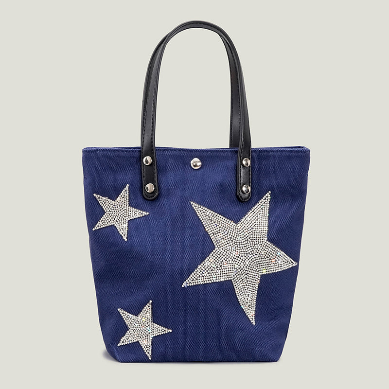 Women’s Rhinestone Stars Canvas Tote Bags in Navy image