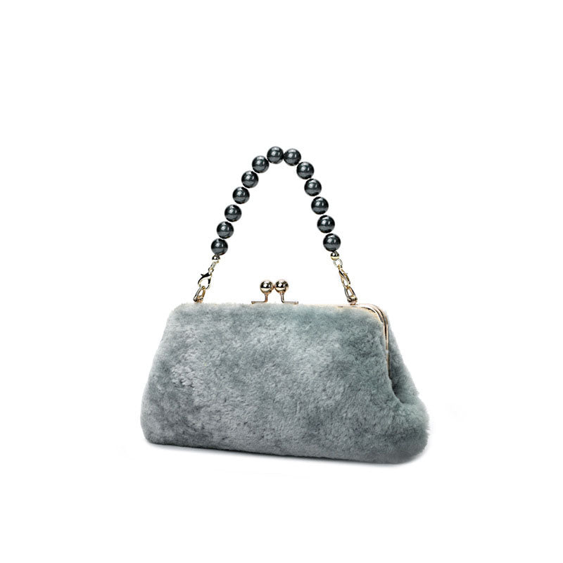 Women’s Genuine Lamb Fur Beaded Chains Evening Clutch Bags image 2