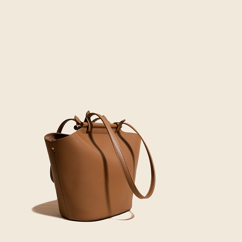 Women’s Minimalist Genuine Leather Bucket Tote Bags with Interior Pouch image 2