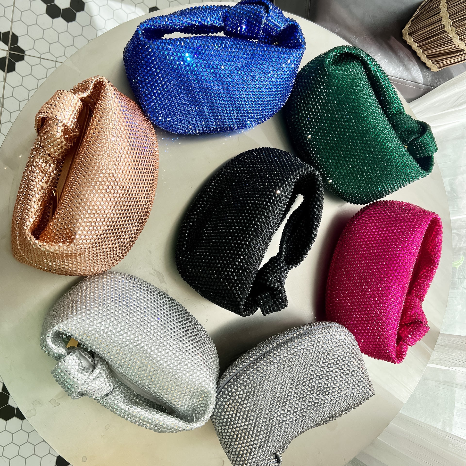 Women’s Full Rhinestones Knoted Genuine Leather Clutch Bags image 11