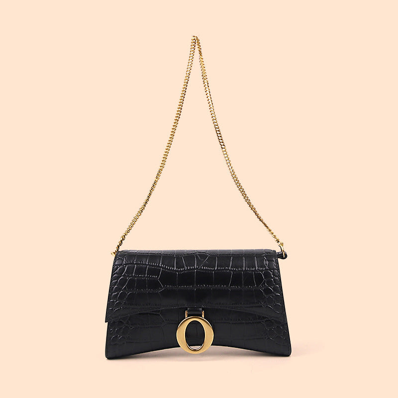 Women’s Black Croc Print Genuine Leather Flap Baguette Bags with Chains image