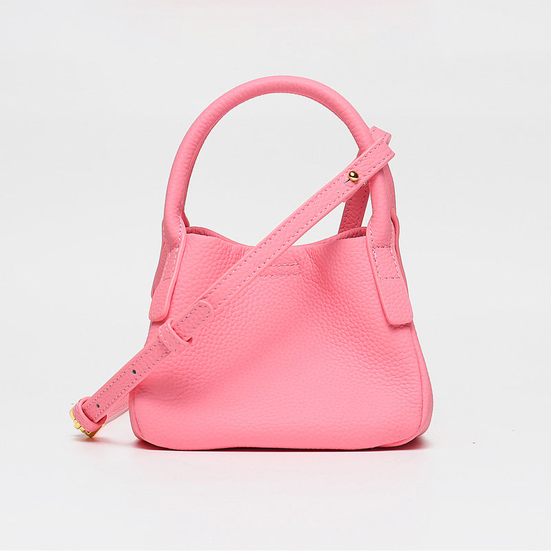 Women’s Small Lychee Grain Genuine Leather Top Handle Bucket Bags with Shoulder Strap image 2