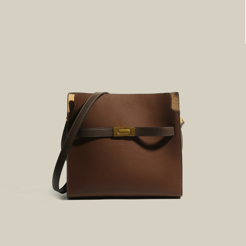 Women’s Genuine Leather Square Minimal Satchel Shoulder Bags- Brown image