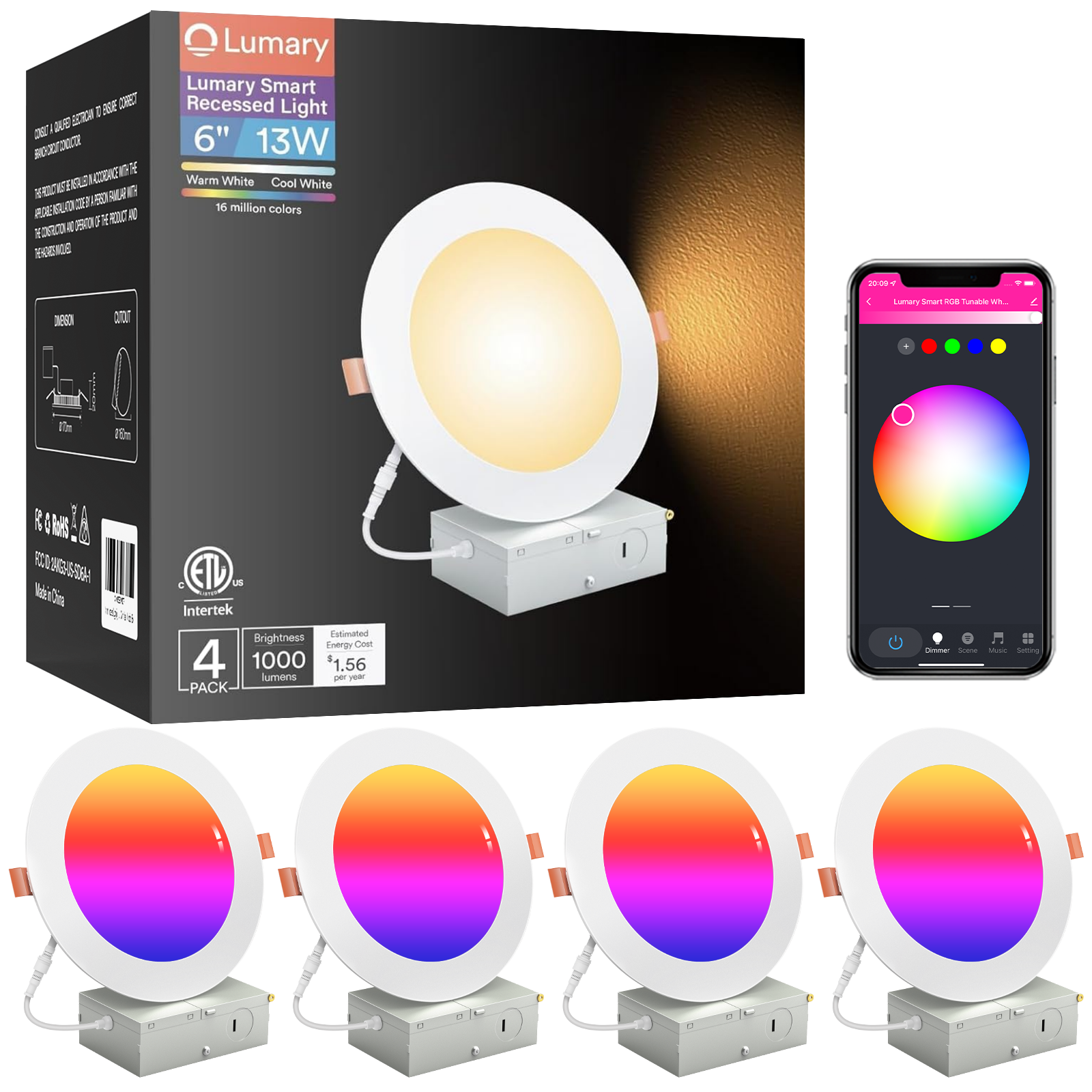 Lumary Wi-Fi Smart Canless Recessed Lighting 6 inch 4 PCS