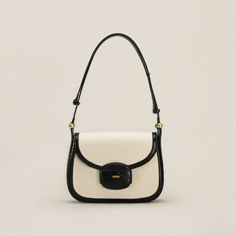 Women’s Canvas Croc Print Genuine Leather Shoulder Saddle Bags in Beige image