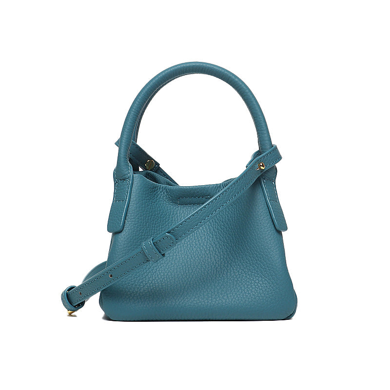 Women’s Small Lychee Grain Genuine Leather Top Handle Bucket Bags with Shoulder Strap image 4