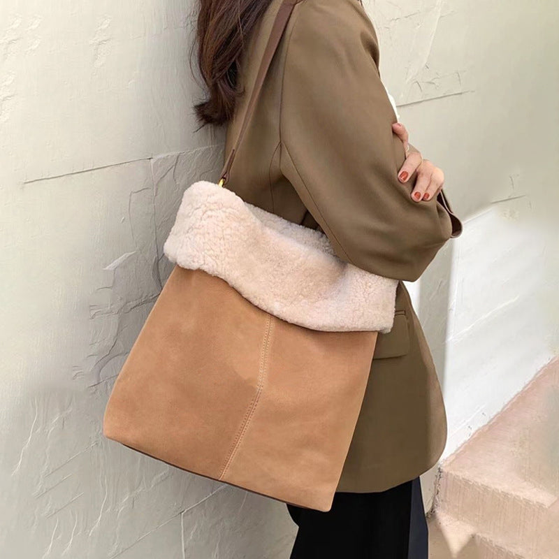 Women’s Shearling Soft Shoulder Tote Bags in Genuine Suede Leather image 6