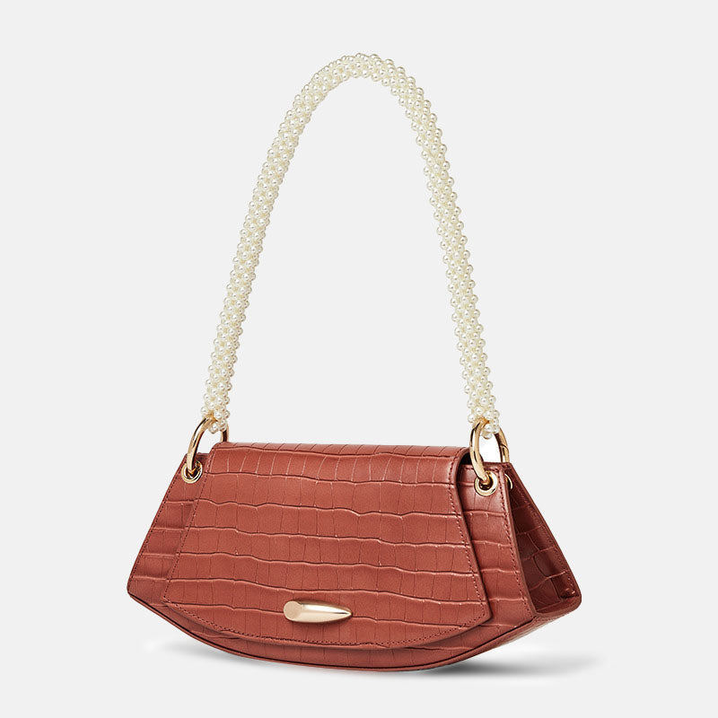 Women’s Genuine Leather Croc Print Baguette Bags with Pearls Strap image 4
