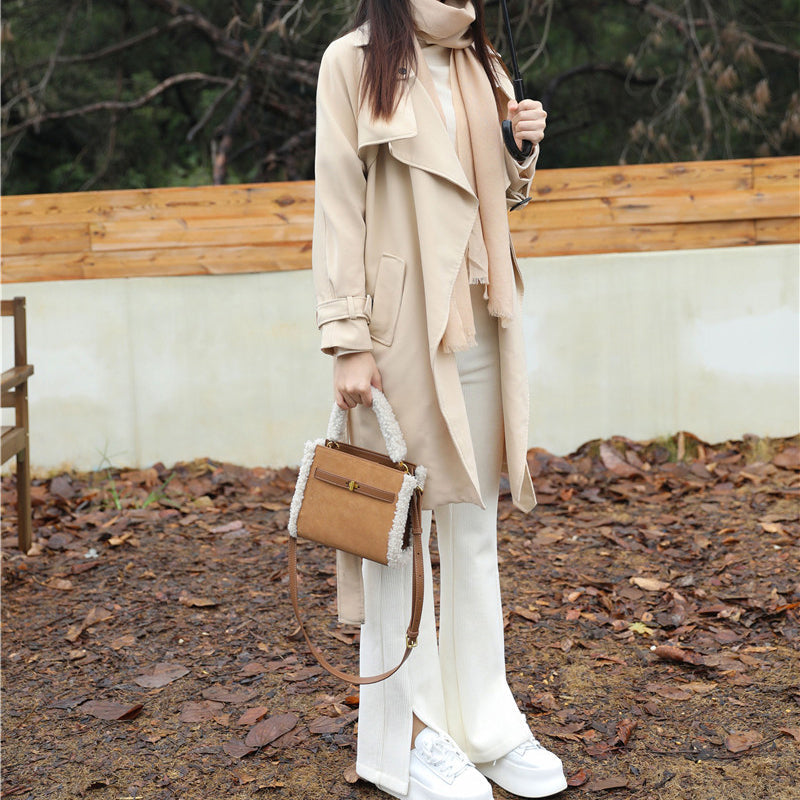 Women’s Fur Trim Suede Leather Top Handle Purse in Brown image 6