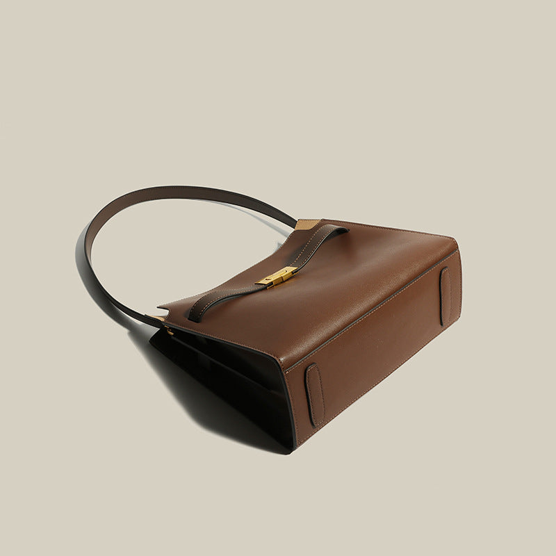 Women’s Genuine Leather Square Minimal Satchel Shoulder Bags- Brown image 3