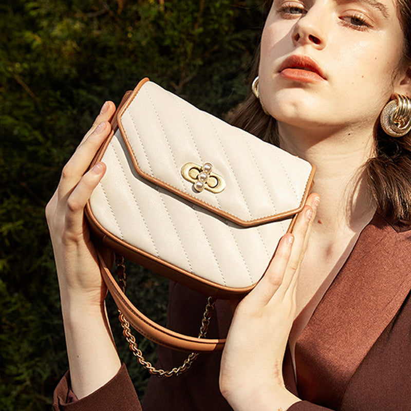 Women’s Small Quilted Genuine Leather Convertible Chain Saddle Bags – Beige image 3
