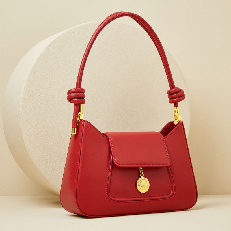 Women’s Genuine Leather Metal Medal Baguette Bags image