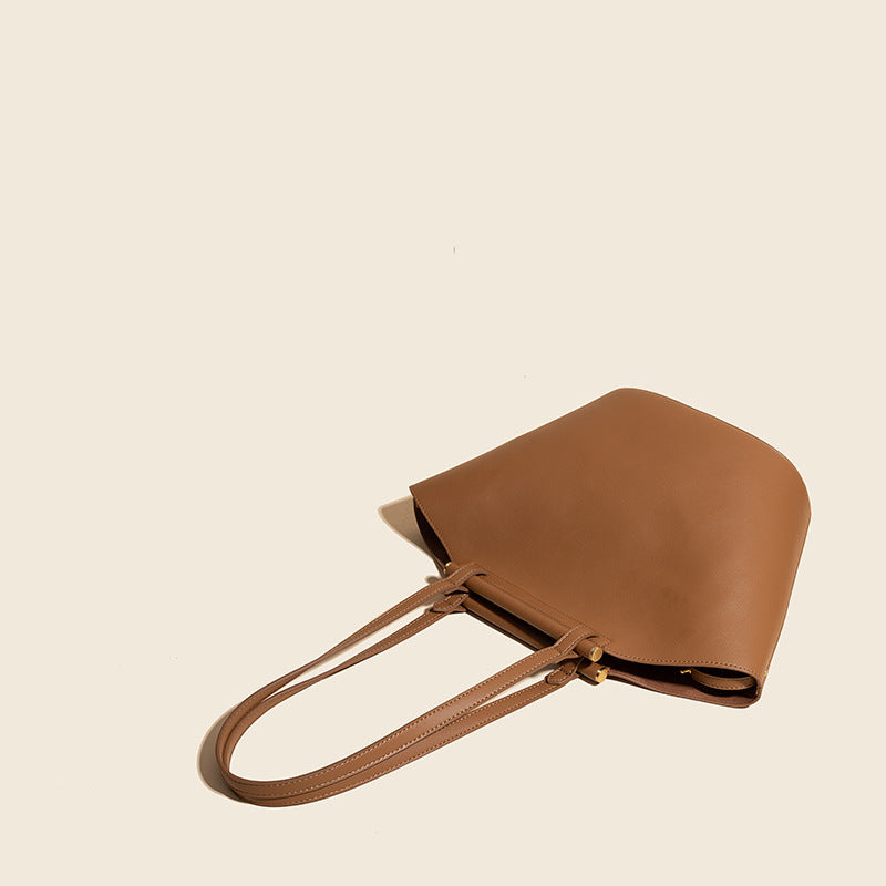 Women’s Minimalist Genuine Leather Bucket Tote Bags with Interior Pouch image 3