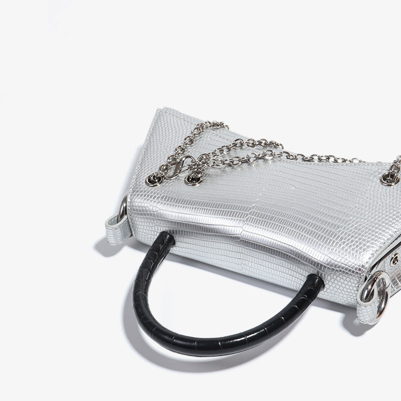 Women’s Genuine Leather Lizard Embossed Handbags with Chains image 5