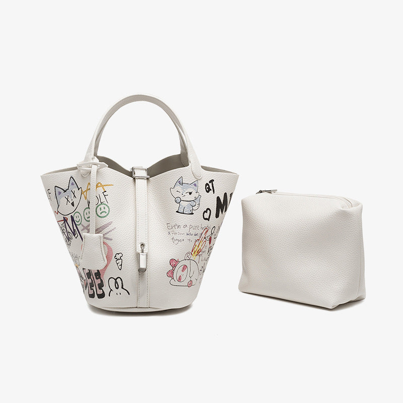 Women’s White Graffiti Print Small Tote Bags with Pouch image 3