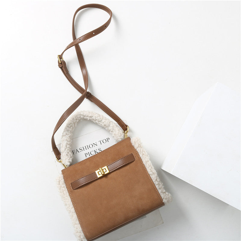 Women’s Fur Trim Suede Leather Top Handle Purse in Brown image 4
