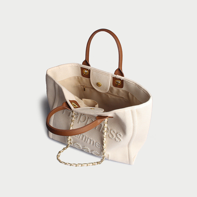 Women’s Beige Canvas Pearls Large Beach Tote image 4