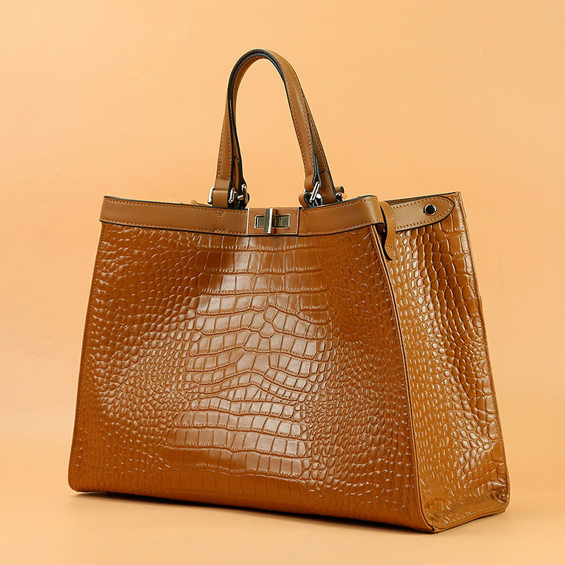 Women’s Croc Print Genuine Leather Lock Large Tote Bags image 2