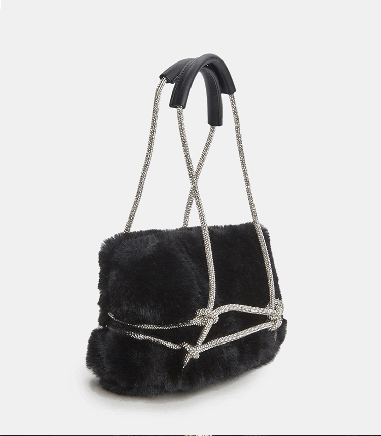Women’s Fuzzy Rhinestone Strap Tie Up Handbags image 4