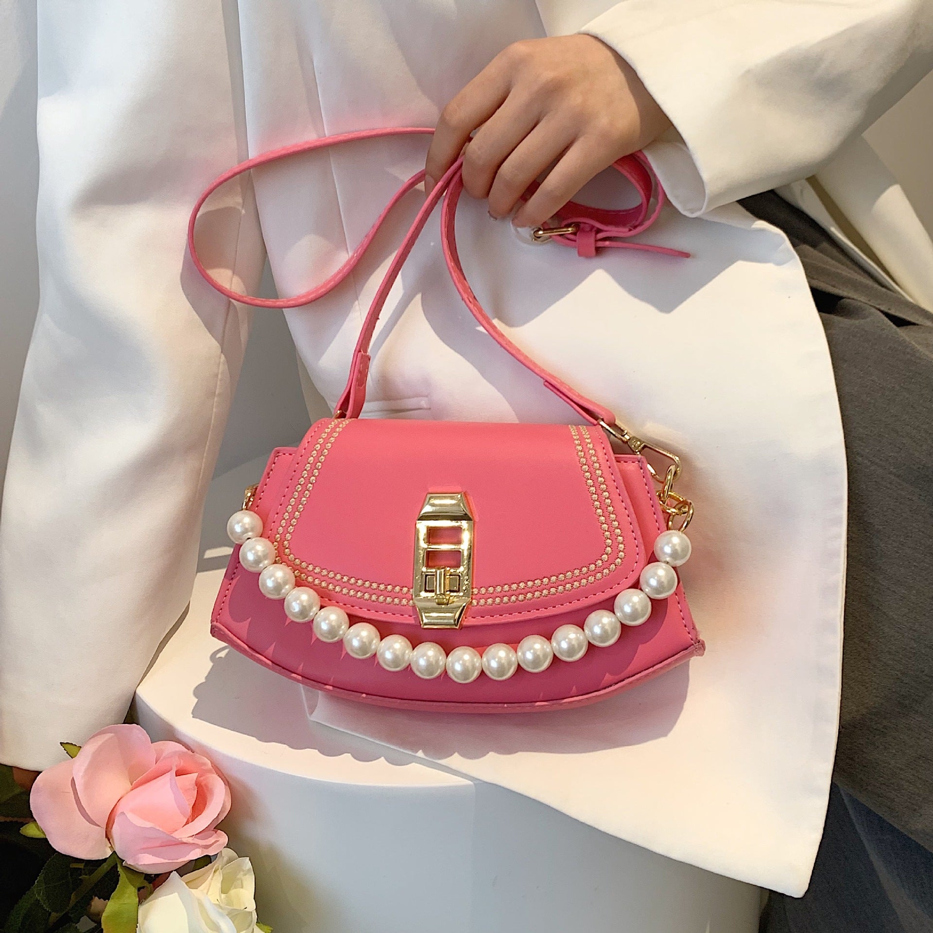 Women’s Pearls Flap Vegan Shoulder Bags image 2