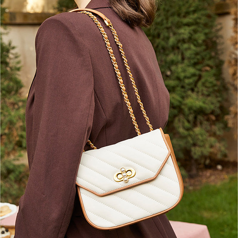 Women’s Small Quilted Genuine Leather Convertible Chain Saddle Bags – Beige image 4