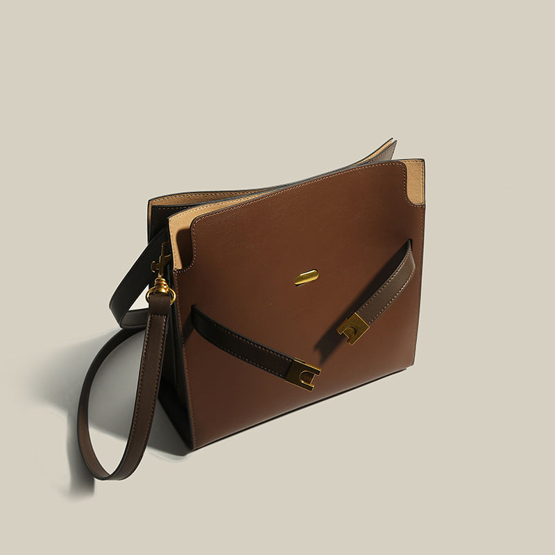 Women’s Genuine Leather Square Minimal Satchel Shoulder Bags- Brown image 4