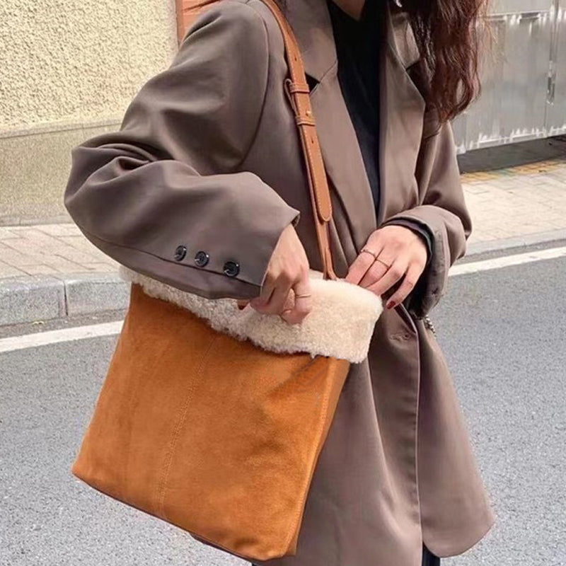 Women’s Shearling Soft Shoulder Tote Bags in Genuine Suede Leather image 4
