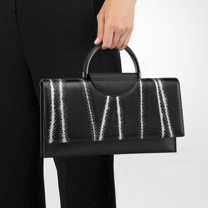 Women’s Large Handbags Genuine Leather Snakeskin Embossed Black image 4