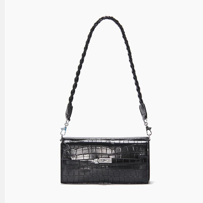 Women’s Black Baguette Bags in Black Croc Print with Two Straps image